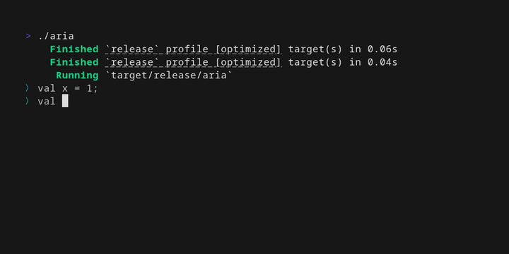 Static preview of the Aria REPL running in a terminal